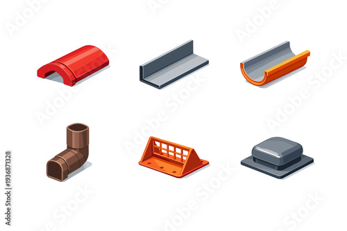 Roof accessories. Isometric flat vector icons set of roof accessories: roof ridge cap, flashing strip, gutter section, downspout pipe, snow guard, roof vent.