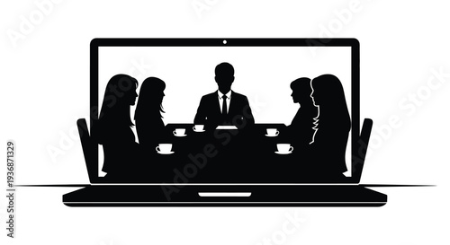 A laptop screen displays a silhouette of a business meeting with five participants high quality professional