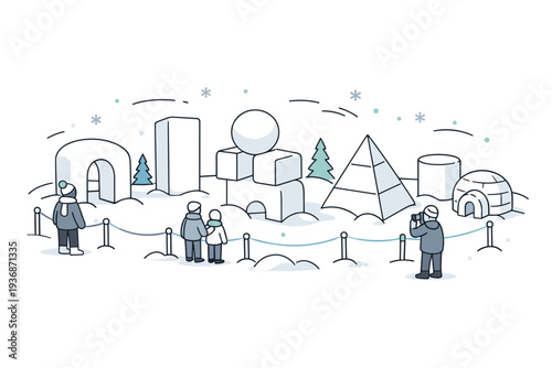 Snow sculpture exhibition scene. Large smooth snow blocks carved into simple forms, arranged for public viewing. Focus, serenity, and winter craftsmanship.