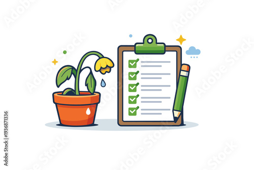 Sustainable fatigue portrayed as a wilting plant next to a checklist filled with green tasks, symbolizing burnout from perfectionism in sustainable lifestyles.