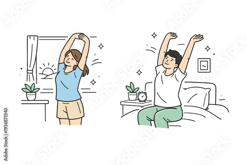 People stretching arms overhead at home. A person stretches near a window or in a simple room, suggesting waking up or loosening the body. The atmosphere is