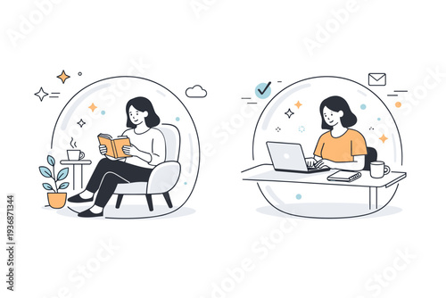 Self-protection lifestyle metaphors. Person surrounded by a soft transparent shield while continuing everyday activities like reading or working.