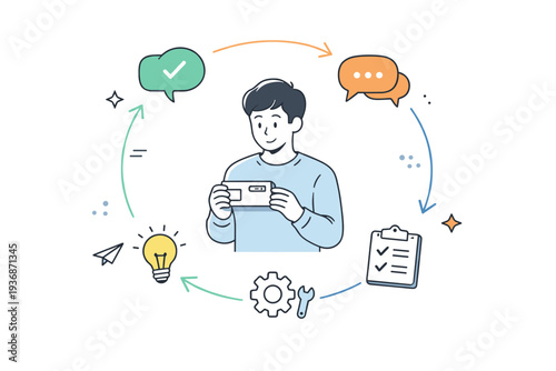 Prototype and feedback cycle. A person holding a simple product mockup while arrows and message bubbles form a soft circle around. Calm scene of testing,