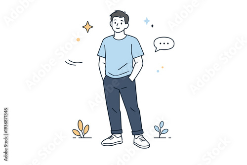 People ordinary gestures. A person placing hands into pockets, relaxed stance and everyday confidence. Unremarkable moment, human familiarity, airy composition