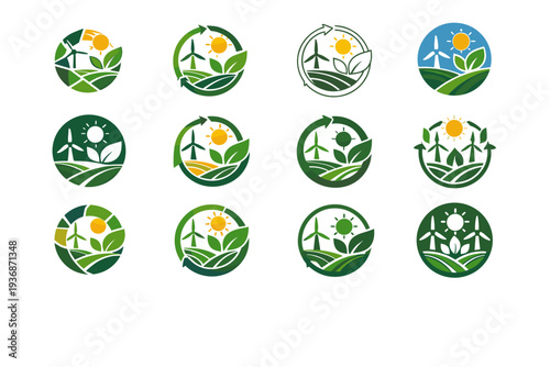 Sustainable agriculture. Icon set. Set Logo of Sustainable agriculture: renewable farming cycle. harmonious logo variations of the same emblematic concept,