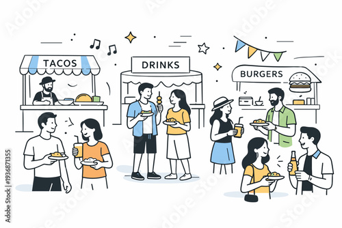 Street food festival visit. People exploring food stalls, holding plates and drinks while chatting casually. Lively yet relaxed atmosphere of outdoor tasting