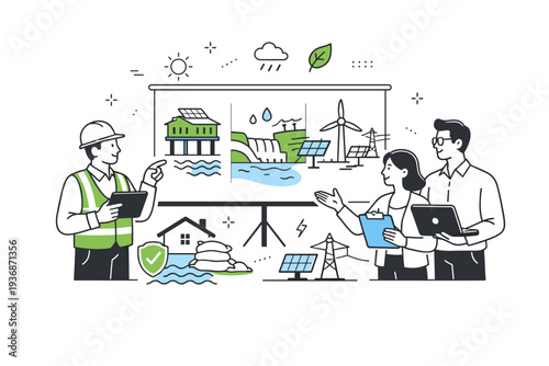 Climate-resilient infrastructure. Engineers and planners reviewing adaptive buildings, water systems, or energy solutions. Clean editorial scene focused on