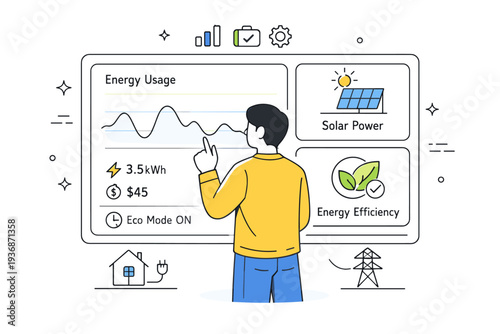Smart energy management. A person interacting with a simple dashboard showing energy usage and efficiency icons. Clear information, responsible control, modern