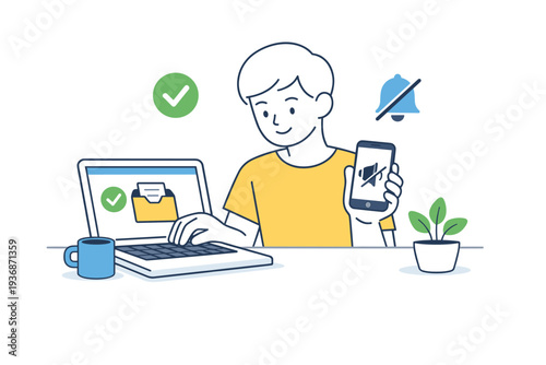 Cleaning inbox and notifications. A person archiving emails and silencing alerts on a phone and laptop. Reduced distractions, focus, digital calm. Minimalist