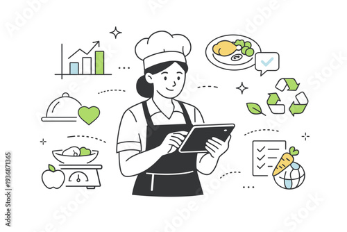 Digital portion planning. Caterer using a tablet to plan sustainable portions for an event, soft abstract icons of graphs, food, and eco-symbols floating to