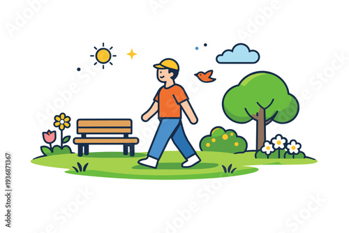 Leisurely spring park stroll relaxed walking through green spaces with flowers and simple benches, conveying peaceful leisure and connection with nature.