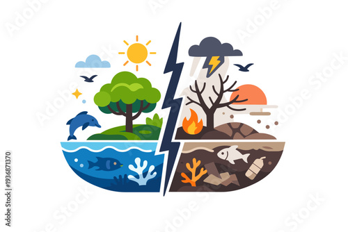 The impact of climate change on global ecosystems focused on a forest and ocean split composition showing contrast between healthy and stressed nature,