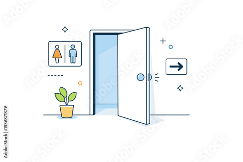 Open doors in public. Public restroom or hallway door ajar, no figures, minimal signage nearby. Everyday openness, neutral functionality, understated human