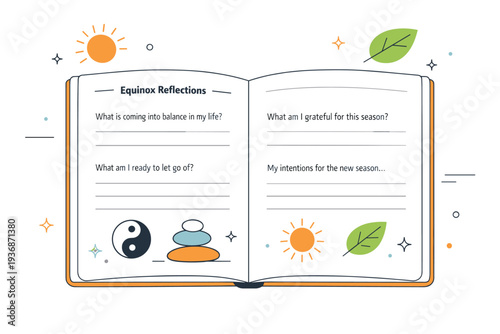 Equinox reflection journaling. Open journal pages with simple prompts, balance symbols, and abstract sun and leaf shapes floating gently around. Calm