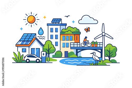 Climate adapted architecture as future ready urban planning that prioritizes safety, comfort and environmental harmony. A confident editorial illustration