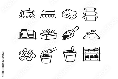 Pot Maintenance. Line icon set of Pot Maintenance: washing pot, scrubbing brush, cleaning sponge, stacked pots, drying rack, storage box, repotting scoop,