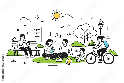 -minute city green spaces. People relaxing in a pocket park near their homes. Nature integrated into everyday urban routine. Minimalist flat vector