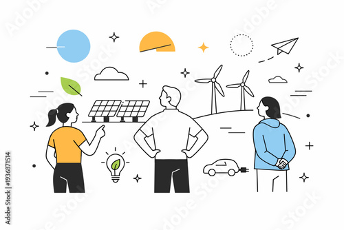 Energy transition overview. People observing solar panels and wind turbines as part of a clean energy shift. Calm optimism, future-oriented thinking, abstract