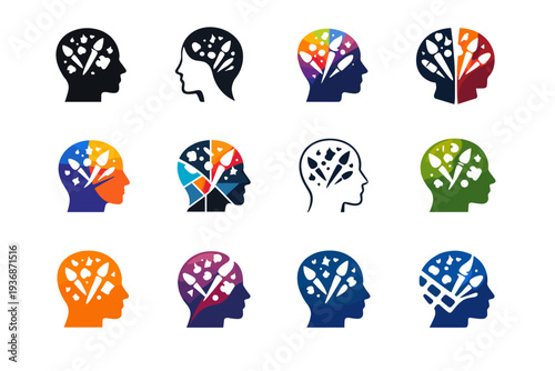 Getting lost in a hobby or creative project. Icon set. Set Logo of Getting lost in a hobby or creative project: flow state head with shapes. harmonious logo