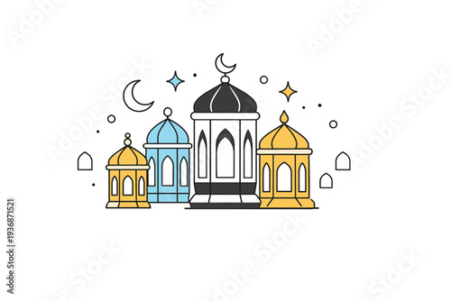 Islamic lantern concept. A group of simple lanterns arranged harmoniously, symbolizing community and togetherness during Ramadan. Friendly and peaceful