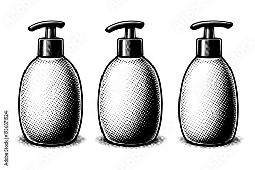 Liquid soap dispenser ? ceramic soap dispenser with softly rounded body short neck and curved pump nozzle shown as a single object. Black and white dot style