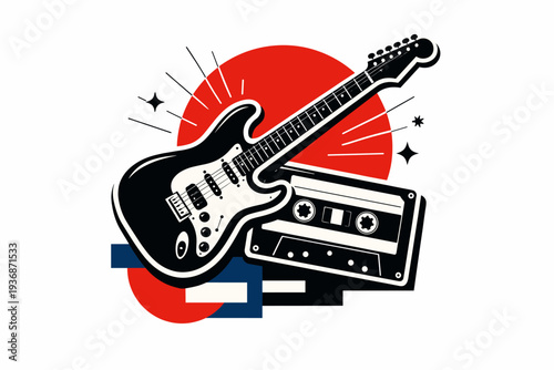Black and white retro-style electric guitar positioned diagonally with a bold white outline cut-out effect, vintage cassette tape layered beneath, oversized