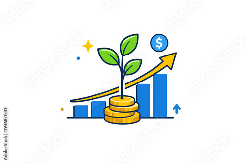 Financial growth and investment illustrated through a steadily rising chart with a single plant growing upward from its base, symbolizing long term value