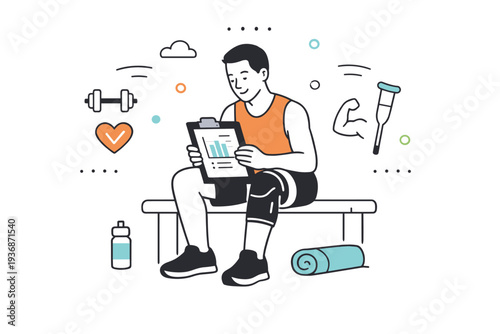 Post-rehab reflection session. Athlete seated, reviewing progress notes or charts, calm satisfaction and mindful awareness of recovery, balanced mental and