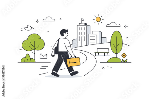 Walking to work. A person walks through a park path on the way to the office, trees reduced to abstract forms. Balance between nature and urban routine.