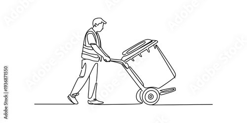 Sanitation Worker Pushing Trash Bin on Wheels, One Line Art Illustration