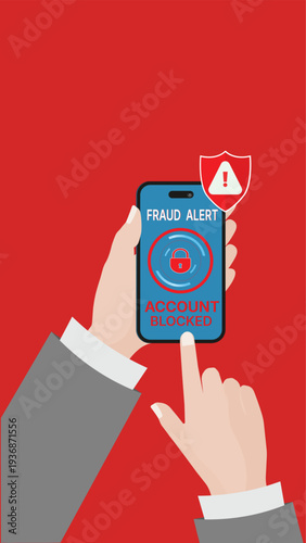 Fraud alert account blocked warning on smartphone screen. Cybersecurity concept