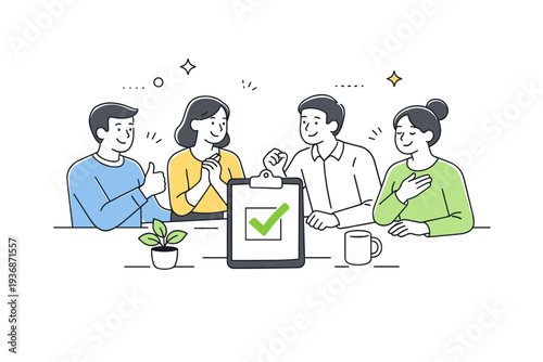 Successful teamwork result. Team celebrating a completed task with subtle positive gestures. Quiet achievement and shared success moment. Minimalist flat