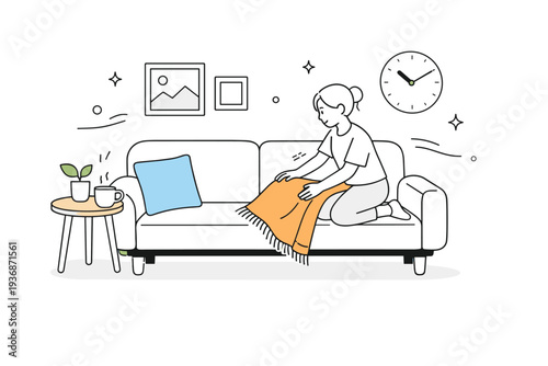 Home update ritual. A tidy living space with a sofa, cushion, and throw blanket neatly adjusted, expressing comfort and simplicity. The atmosphere feels warm