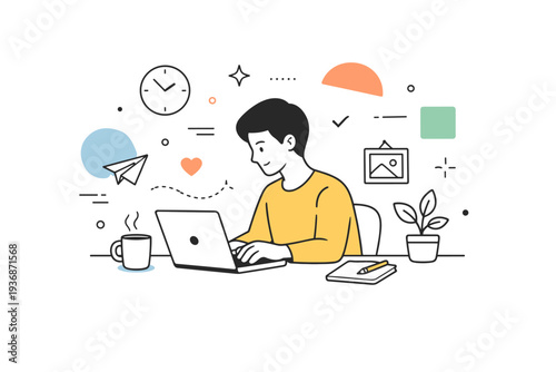Remote work and home office lifestyle. A calm scene of a person working at a desk at home with a laptop and a cup of coffee. Focused work, balanced routine,