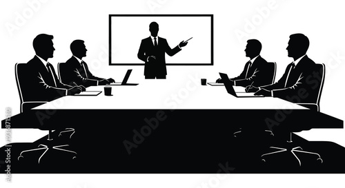 A black and white silhouette depicts a business meeting in progress with a presenter and attendees