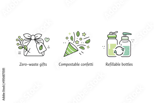 Green party icons set. Icons illustrating zero-waste gifts, compostable confetti, and refillable bottles, designed with clarity and simplicity. Calm editorial