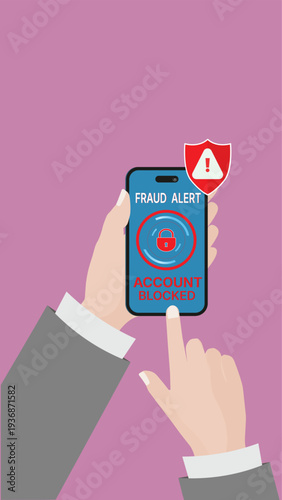 Fraud alert account blocked warning on smartphone screen. Cybersecurity concept