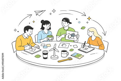 Collaborative circular design table. A group of designers sketching and assembling eco-friendly product concepts around a round table, abstract arrows and