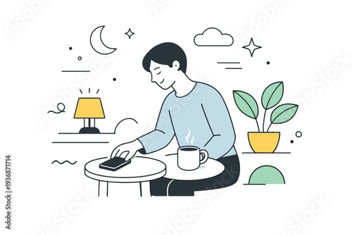 Mindful evening routine. A person relaxing at home with dimmed lights, placing a phone on a table while preparing for rest. Soft, calm mood with abstract