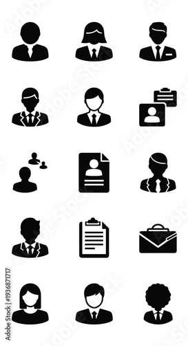 A collection of fifteen black silhouette icons representing professional and human resources themes is precisely organized in a grid on a bright white backdrop.