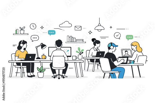 Remote work hub overview. Wide scene showing a modern coworking hub with desks, screens, and people working independently. Organized, calm, and productive