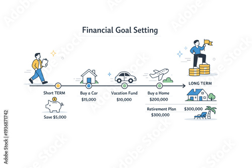 Financial goal setting. A simple timeline with milestones, numbers, and icons representing short- and long-term plans. The composition communicates direction