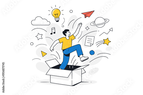 Think outside the box creativity. Person stepping out of an open box with abstract ideas floating upward. Feeling of freedom, originality, and fresh
