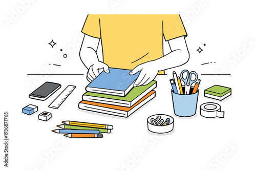 School supplies preparation. A person organizing notebooks, pencils, and stationery on a desk. Orderly, focused setup scene with calm productivity and clean