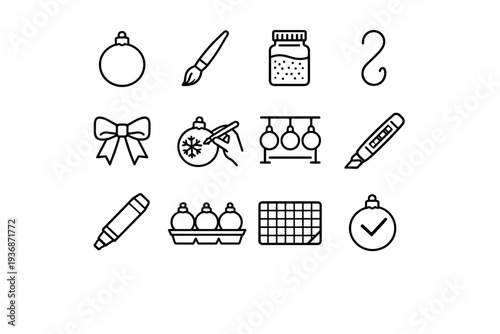 Christmas Ornament Making. Line icon set of Christmas Ornament Making: round ornament, paint brush, glitter jar, ornament hook, ribbon bow, hand-painted