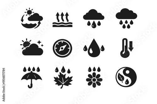 Watching the rain from the window. Solid icon set of Watching the rain from the window: water cycle symbol, evaporation icon, condensation icon, precipitation