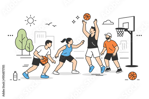 Spring recreational basketball game. Small group playing half-court outdoors, gentle competition and relaxed fun, urban park atmosphere. Minimalist flat vector