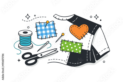 DIY patches close-ups. Fabric swatches pinned and partially sewn into a garment, scissors and thread nearby. Work-in-progress moment captured in quiet craft