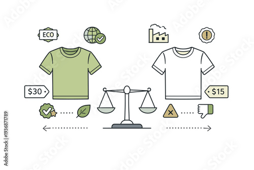 Ethical purchase comparison. Two shopping items placed side by side with visual cues like eco badges, price tags, and quality symbols. Quiet evaluation and