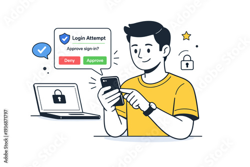 Two-factor authentication. A user calmly approving a login request via notification, showing quick and confident security action. Friendly posture and clear